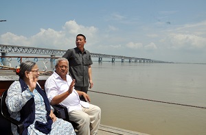 The Governor of Arunachal Pradesh Shri P.B. Acharya and State�s First Lady Smt Kavita Acharya crossing River Brahmaputra by ferry near Bogibeel Poin, Assam on 4th August 2017.